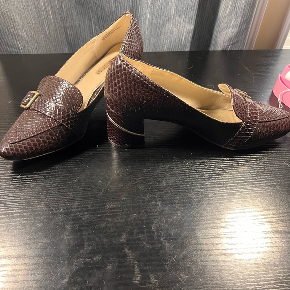 Rialto Dark Brown faux Snakeskin print block heel pumps - Picture 2 of 5